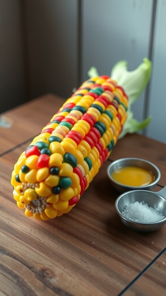 3D printed corn on the cob with butter and salt on a wooden table.
